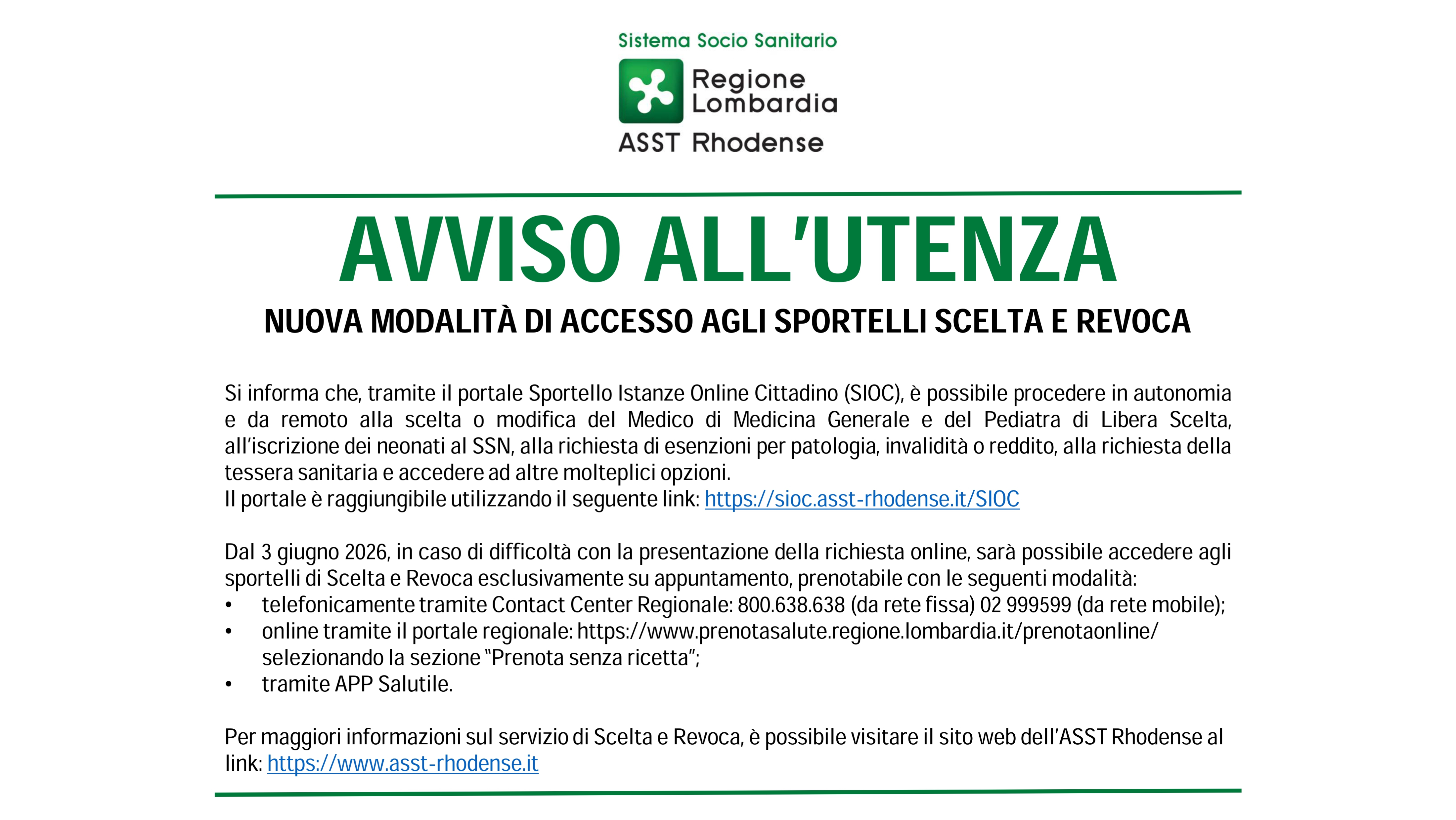 NUOVA MODALITÀ DI ACCESSO AGLI SPORTELLI SCELTA E REVOCA